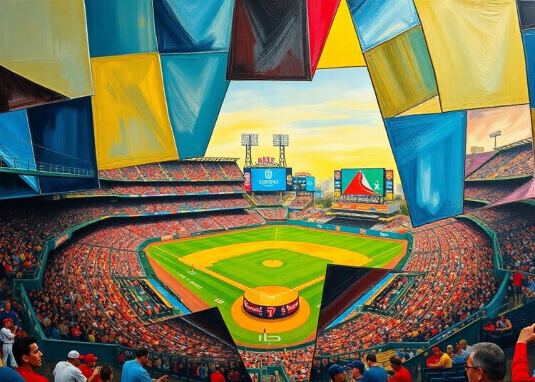 A cubist, geometric painting depicting the fragmented shapes and angles of a baseball stadium and game, rendered in bold, vibrant colors that capture the energy and tension surrounding the stadium funding proposal.