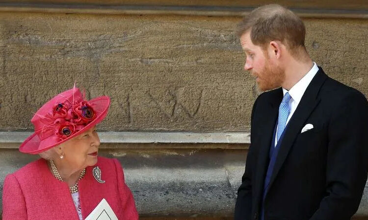 Queen Elizabeth II and Prince Harry at the wedding of Lady Gabriella Windsor and Mr Thomas Kingston at St. George’s Chapel in 2019. By: MEGA