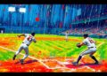 An abstract, expressionist painting in neon colors depicting the dynamic energy and movement of a baseball game being played in the rain, with the players and field dissolved into unrecognizable splatters of color.