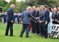King Charles and Queen Camilla shook hands with American officials, Donald Trump strode in to shake hands with the UK delegation (Samir Hussein/WireImage)