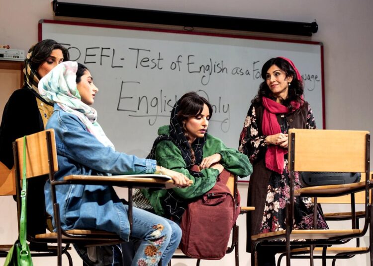 The cast of the play "English" by Sanaz Toossi at the Wallis.