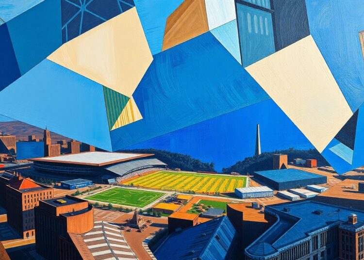 A cubist-style painting featuring sharp, geometric shapes in shades of blue, brown, and red, representing the planned Reno Pro Soccer stadium and entertainment district development.