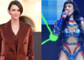Ruby Rose in a brown suit; Katy Perry performing in a futuristic costume on stage.