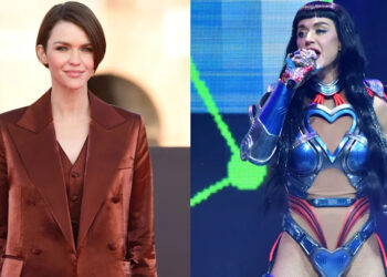 Ruby Rose in a brown suit; Katy Perry performing in a futuristic costume on stage.