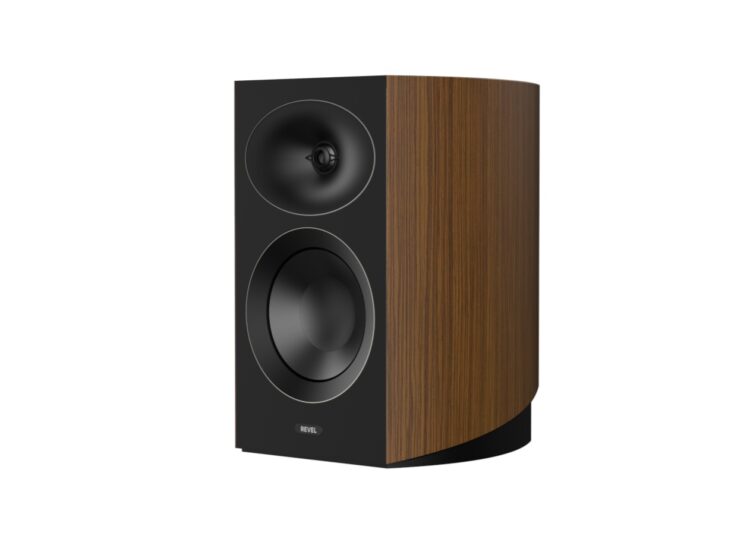 Revel Performa4 M146 standmount speaker on a white background in a walnut finish