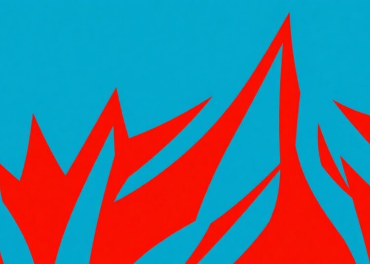 An abstract, minimalist illustration composed of striking red, orange, and blue geometric shapes, conceptually representing the diverse range of entertainment and cultural events happening in Rockford.