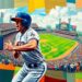 A cubist, geometric painting depicting a baseball player in motion, with fragmented limbs and equipment overlapping against a backdrop of stadium seating and field elements, conveying the chaotic energy of a player rushing to make it to the game on time.