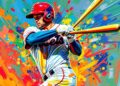 An extreme close-up of a baseball player mid-swing, with vibrant neon brushstrokes capturing the raw power and energy of the moment, the player's face and uniform details dissolving into an abstract expressionist composition.