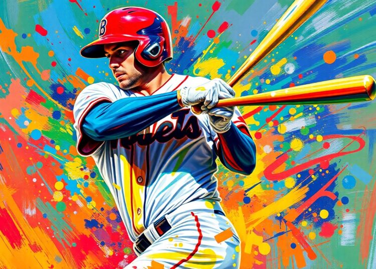 An extreme close-up of a baseball player mid-swing, with vibrant neon brushstrokes capturing the raw power and energy of the moment, the player's face and uniform details dissolving into an abstract expressionist composition.