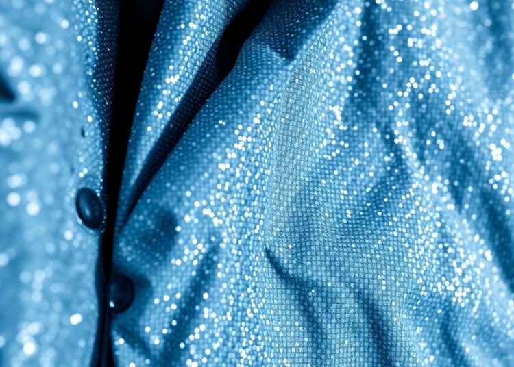 An abstract, high-contrast close-up photograph of a plush, textured ski jacket in muted shades of blue, grey, and white, capturing the luxurious aesthetic of winter sports and the contrasting choices of the royal families.