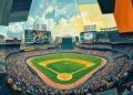 A cubist-style painting depicting a fragmented, geometric interpretation of a baseball stadium or game, conveying the complex and multi-faceted nature of the Royals' ballpark saga.