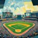 A cubist-style painting depicting a fragmented, geometric interpretation of a baseball stadium or game, conveying the complex and multi-faceted nature of the Royals' ballpark saga.