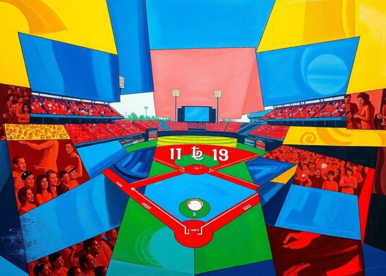 A cubist-style painting featuring overlapping geometric shapes and planes of bright blue, red, and yellow, conceptually representing the disruption and fragmentation caused by a last-minute lineup change in a baseball game.