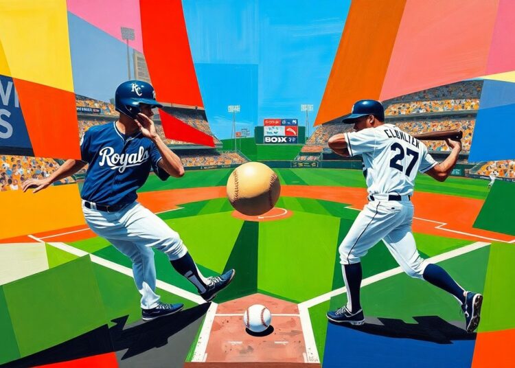 A fractured, geometric painting depicting a baseball game, with players and the ball represented as sharp, overlapping shapes in the colors of the Kansas City Royals and Chicago White Sox uniforms.