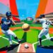 A fractured, geometric painting depicting a baseball game, with players and the ball represented as sharp, overlapping shapes in the colors of the Kansas City Royals and Chicago White Sox uniforms.