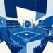 A cubist painting depicting a fragmented, geometric interpretation of a Royals baseball game, with sharp, overlapping planes in muted shades of blue, conceptually representing the team's most miserable seasons.