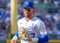 Mar 30, 2026; Kansas City, Missouri, USA; Kansas City Royals shortstop Bobby Witt Jr. (7) returns to the dugout against the Minnesota Twins during the game at Kauffman Stadium. Mandatory Credit: Denny Medley-Imagn Images