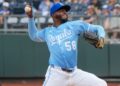 Sep 21, 2025; Kansas City, Missouri, USA; Kansas City Royals relief pitcher Luinder Avila (58) delivers a pitch against the Toronto Blue Jays during the ninth inning at Kauffman Stadium. Mandatory Credit: Denny Medley-Imagn Images