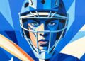 A fractured, cubist-style painting depicting a baseball catcher's gear and equipment, with sharp geometric shapes and planes in shades of blue, conceptually representing the competitive battle for the Royals' third catcher role.
