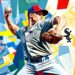 A fractured, geometric painting in vibrant blues, grays, and whites, depicting the overlapping motions and perspectives of a baseball pitcher's delivery, conveying the intensity and artistry of Kris Bubic's masterful outing.