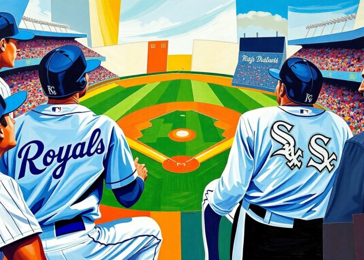 A cubist-style painting depicting a baseball game, with the players and field broken down into sharp, overlapping geometric shapes in the colors of the Royals and White Sox uniforms.