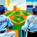 A cubist-style painting depicting a baseball game, with the players and field broken down into sharp, overlapping geometric shapes in the colors of the Royals and White Sox uniforms.