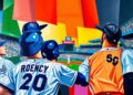 A cubist, geometric painting depicting a baseball game in progress, with overlapping planes of color representing the players, field, and stadium elements.