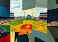 A fragmented, geometric painting in vibrant colors depicting a baseball game or match, with players and the field reduced to abstract shapes and planes, capturing the dynamic and shifting nature of the Royals' spring training trades.