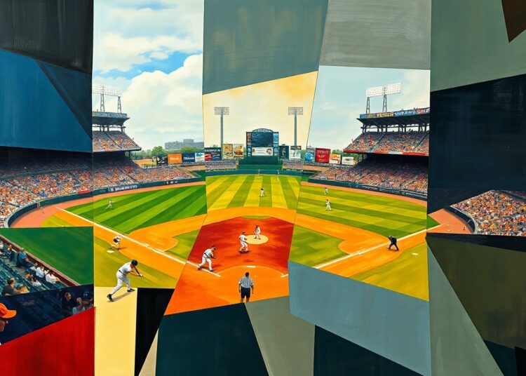 A fragmented, geometric painting in vibrant colors depicting a baseball game or match, with players and the field reduced to abstract shapes and planes, capturing the dynamic and shifting nature of the Royals' spring training trades.