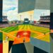 A fragmented, geometric painting in vibrant colors depicting a baseball game or match, with players and the field reduced to abstract shapes and planes, capturing the dynamic and shifting nature of the Royals' spring training trades.