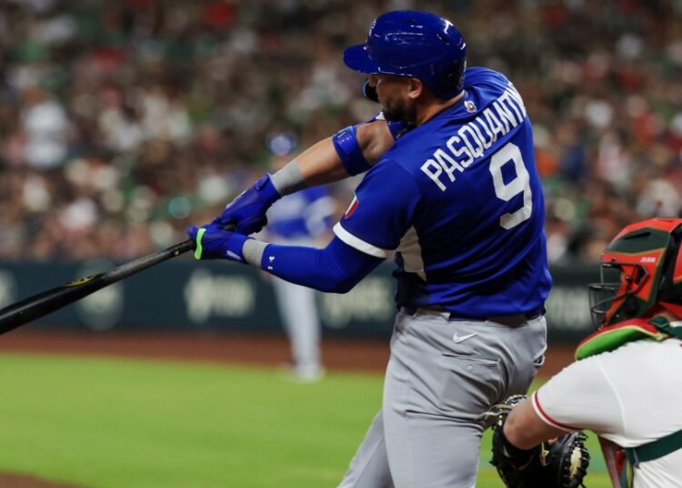 Italy first baseman Vinnie Pasquantino (9) hits a home run against Italy in the sixth inning at Daikin Park.