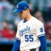 Apr 8, 2025; Kansas City, Missouri, USA; Kansas City Royals pitcher Cole Ragans (55) leaves the field after the second inning against the Minnesota Twins at Kauffman Stadium. Mandatory Credit: William Purnell-Imagn Images
