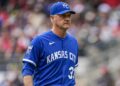 Mar 29, 2026; Cumberland, Georgia, USA; Kansas City Royals manager Matt Quatraro (33) on the field after a pitching change against the Atlanta Braves during the seventh inning at Truist Park. Mandatory Credit: Dale Zanine-Imagn Images