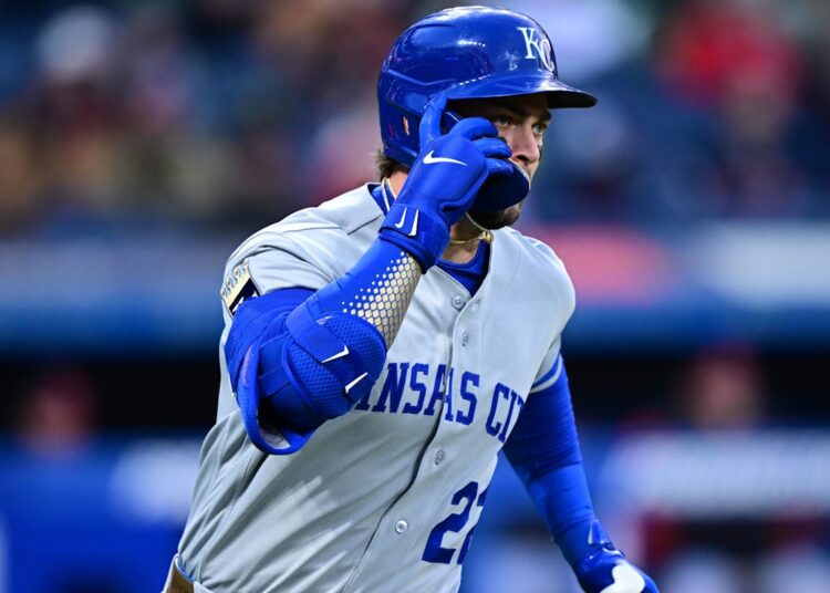Apr 6, 2026; Cleveland, Ohio, USA; Kansas City Royals catcher Carter Jensen (22) runs the bases after hitting a solo home run off Cleveland Guardians relief pitcher Peyton Pallette (41) during the sixth inning at Progressive Field. Mandatory Credit: David Dermer-Imagn Images