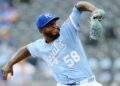 Aug 13, 2025; Kansas City, Missouri, USA; Kansas City Royals relief pitcher Luinder Avila (58) makes his MLB debut during the eighth inning against the Washington Nationals at Kauffman Stadium. Mandatory Credit: Jay Biggerstaff-Imagn Images