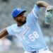 Aug 13, 2025; Kansas City, Missouri, USA; Kansas City Royals relief pitcher Luinder Avila (58) makes his MLB debut during the eighth inning against the Washington Nationals at Kauffman Stadium. Mandatory Credit: Jay Biggerstaff-Imagn Images