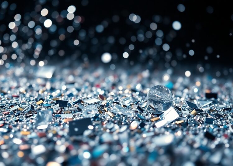 An abstract, close-up photograph of shimmering, textured materials in vibrant colors, capturing the glamour and energy of Coachella's 2026 festival.