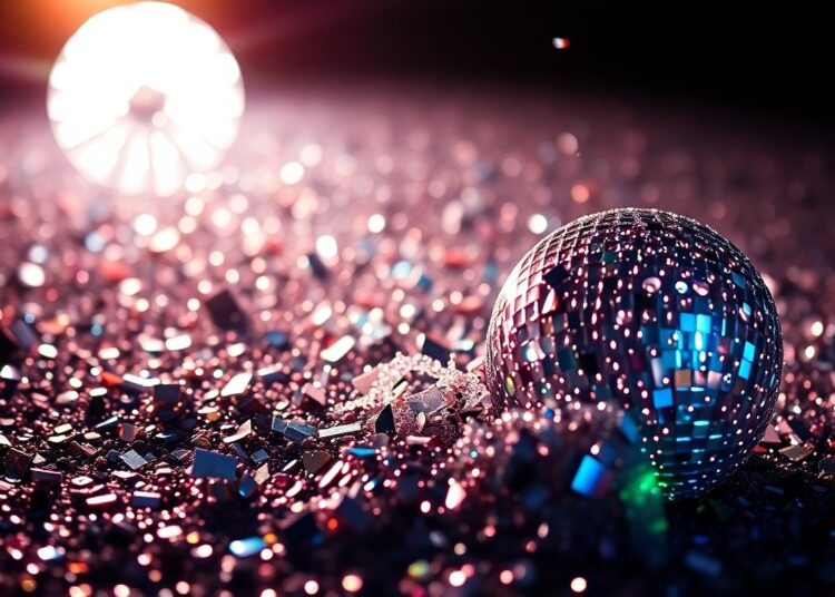 An abstract close-up image of shimmering sequins and shattered glass, capturing the glitz and glamour of Coachella's star-studded lineup.