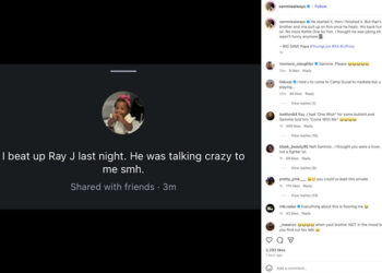 A screenshot of a social media post with a profile picture of a baby wearing a pink bow. The text reads, "I beat up Ray J last night. He was talking crazy to me smh."