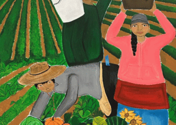 Colorful mural panel by the Arts Alliance shows farm workers in a field with a bin of produce in front of them. (Courtesy photo)