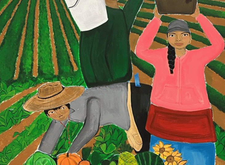 Colorful mural panel by the Arts Alliance shows farm workers in a field with a bin of produce in front of them. (Courtesy photo)