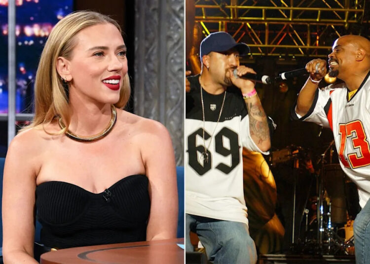 Scarlett Johansson on 'The Late Show with Stephen Colbert' in April 2026; Cypress Hill in 2003 in San Bernadino, Calif.Credit: Scott Kowalchyk/CBS; Annamaria DiSanto/WireImage