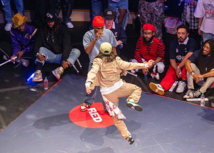 “Passion” flies towards “Sweetface” in their first round battle in the Red Bull Dance Your Style Midwest Regional Qualifier, on Saturday, April 25, 2026, at the Kauffman Center for the Performing Arts.