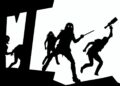 A bold, graphic composition of stark black silhouettes and geometric shapes in high-contrast red and white, conceptually representing the heavy metal music and zombie-themed animated video for Sevendust's new song 'Threshold'.