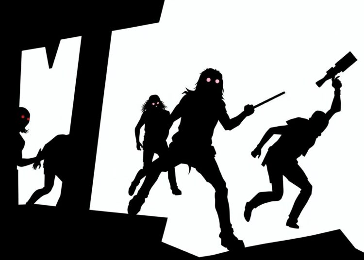 A bold, graphic composition of stark black silhouettes and geometric shapes in high-contrast red and white, conceptually representing the heavy metal music and zombie-themed animated video for Sevendust's new song 'Threshold'.
