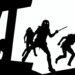 A bold, graphic composition of stark black silhouettes and geometric shapes in high-contrast red and white, conceptually representing the heavy metal music and zombie-themed animated video for Sevendust's new song 'Threshold'.