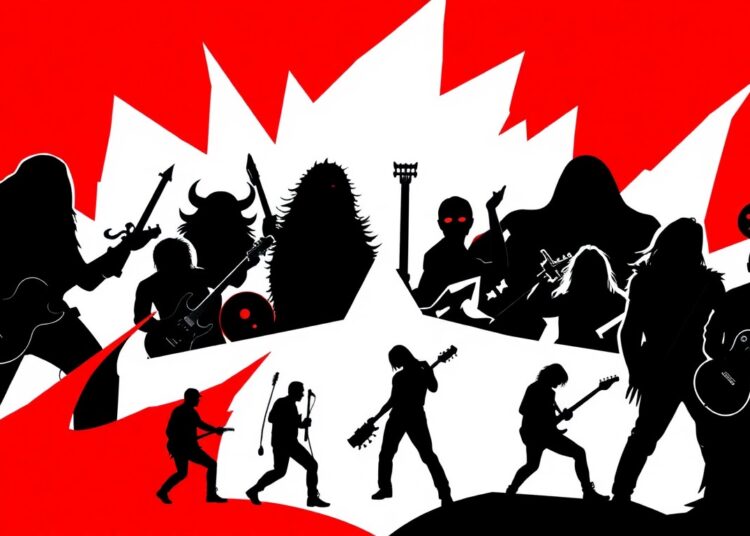An abstract, minimalist composition featuring bold, jagged shapes and high-contrast colors, representing the diverse range of metal music subgenres covered in the story.