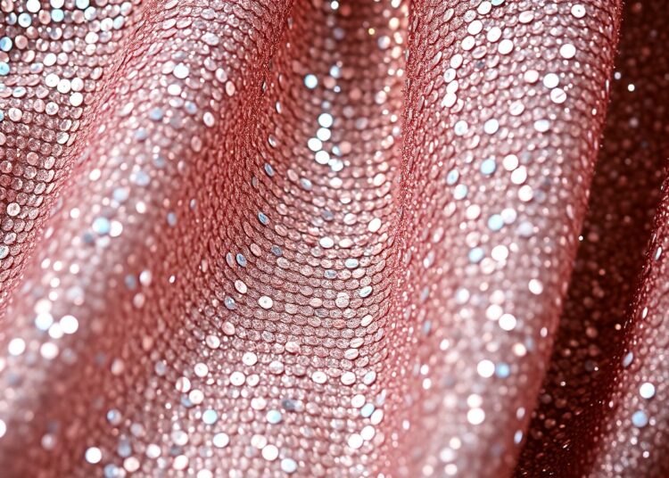 An abstract close-up photograph featuring dramatic, high-contrast lighting on luxurious, glittering fabrics and sequins, conveying the glamorous mood of a Hallmark movie premiere.