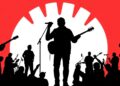 An abstract, minimalist illustration using bold black shapes and bright red and white colors to conceptually represent the diverse mix of music, food, and community events taking place in Southwest Florida.
