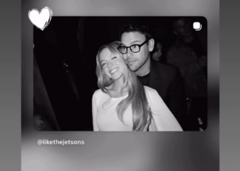 Social media post featuring a black-and-white photo of a woman and a man.